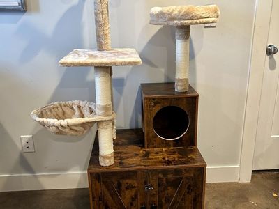 New 2-in-1 Cat Tree Tower, Hidden Litter Box Enclosure, Rustic Brown
