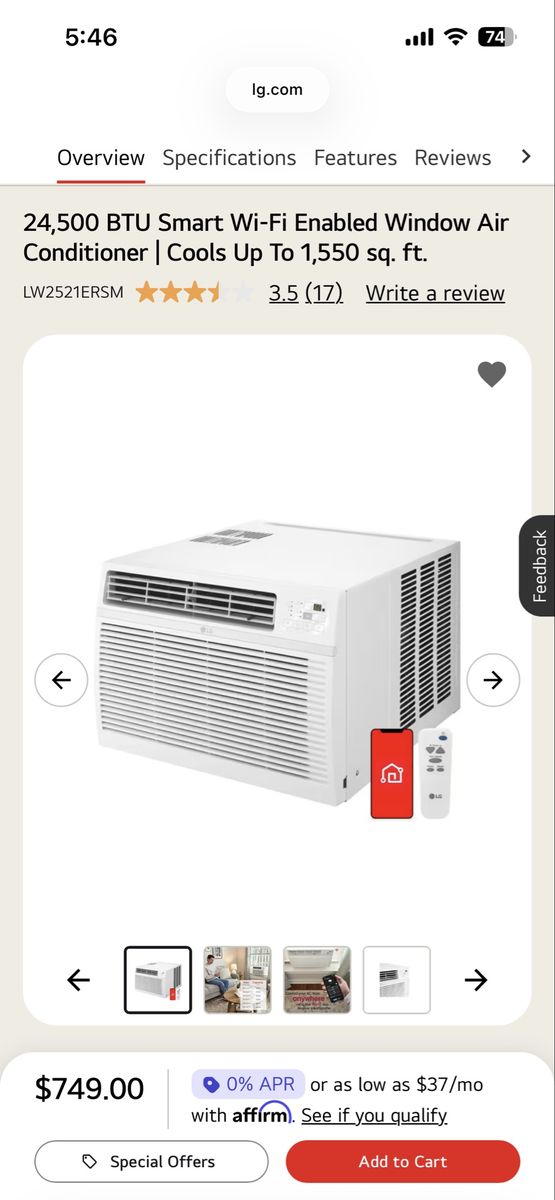 LG 24,500 BTU Smart Wi-Fi Enabled Window Air Conditioner LW2521ERSM