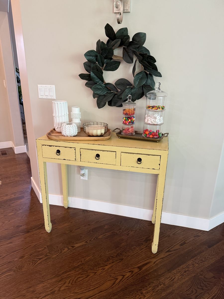 Distressed Yellow Console Table with 3 Drawers - Shabby Chic Entryway Accent Furniture