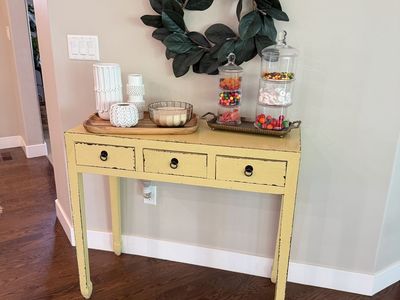 Distressed Yellow Console Table with 3 Drawers - Shabby Chic Entryway Accent Furniture