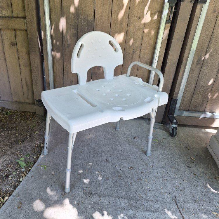 Adjustable Transfer Bench Shower Chair with Back, White, Bath Safety Seat