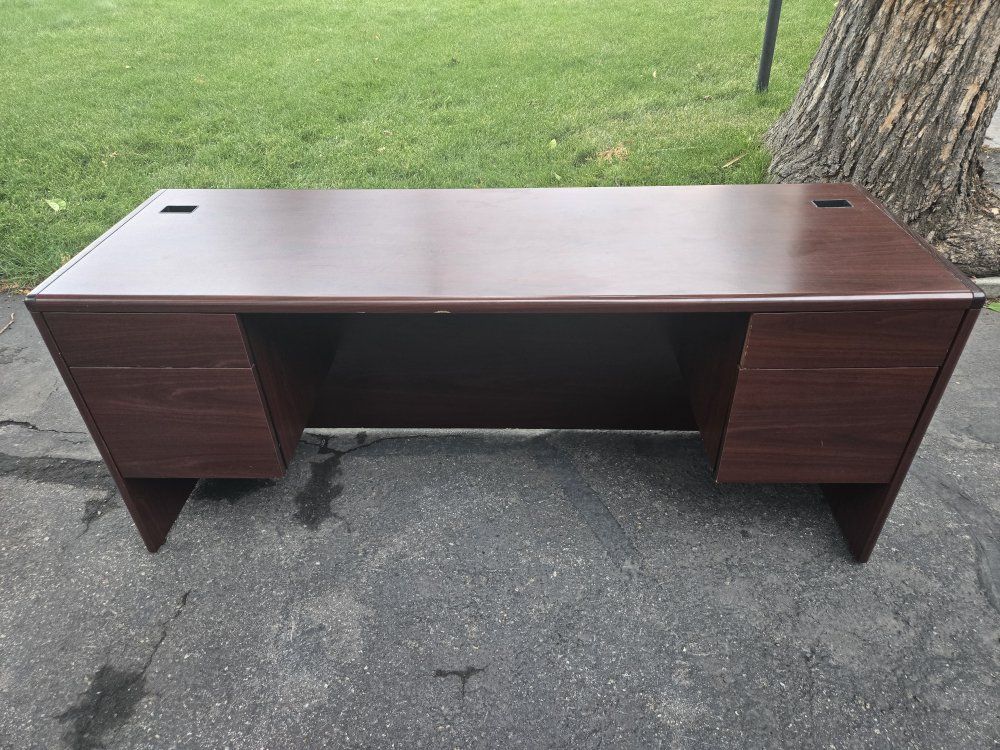 Large Dark Wood Executive Office Desk with Built-in Drawers and Grommets