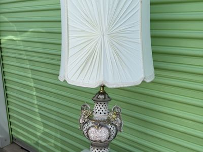 Vintage Italian Capodimonte Style Porcelain Cherub Table Lamp with Pleated Shade