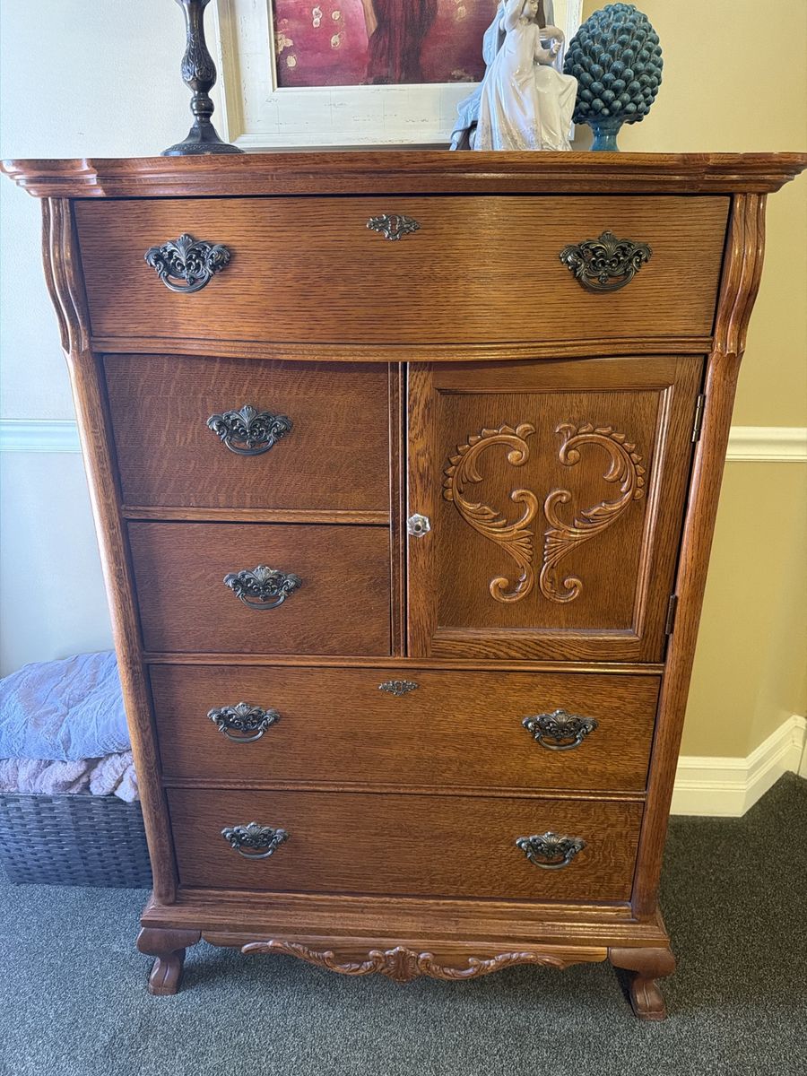 Vintage Oak Highboy Chest with Cabinet Door