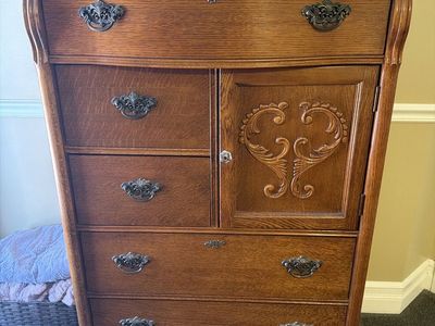 Vintage Oak Highboy Chest with Cabinet Door