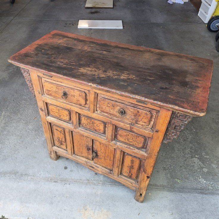 Chinese Altar Cabinet Sideboard - Ornate Carvings & Drawers, Distressed Finish