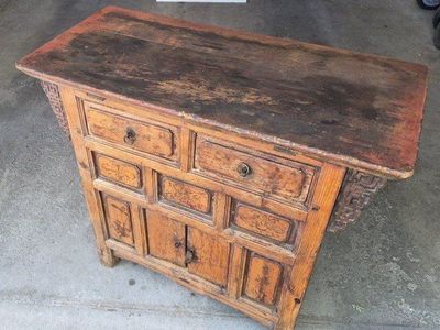 Chinese Altar Cabinet Sideboard - Ornate Carvings & Drawers, Distressed Finish