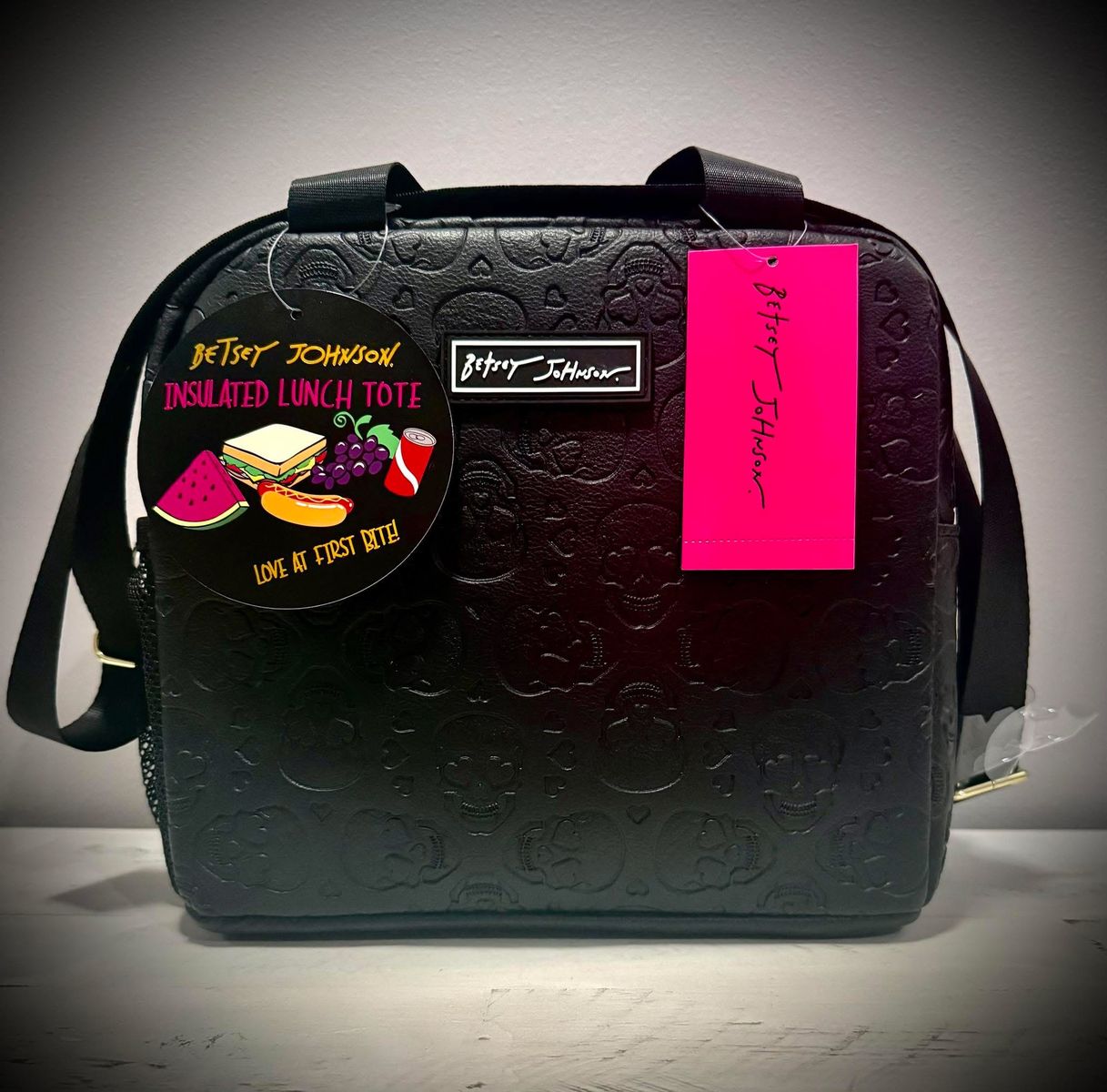 Betsey Johnson Insulated Lunch Tote Black with Skull Embossing “Love at First Bite!”