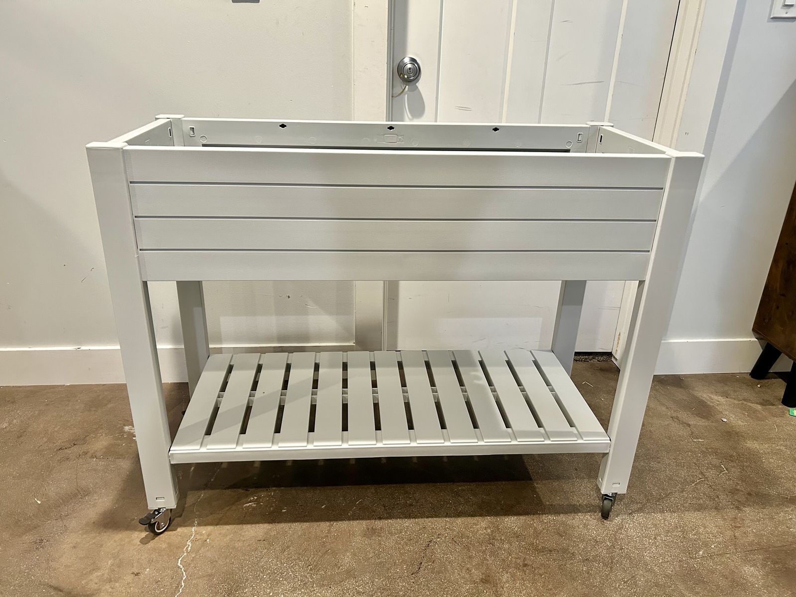 New Grey Elevated Planter Box with Wheels and Shelf