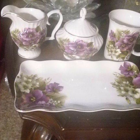 Vintage Bone China Creamer, Sugar, Mug & Tray Set - Purple Floral w/ Gold Trim