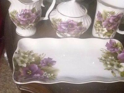 Vintage Bone China Creamer, Sugar, Mug & Tray Set - Purple Floral w/ Gold Trim