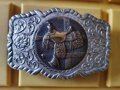 Vintage Western Saddle Belt Buckle Silver & Gold Tone Floral Engraved