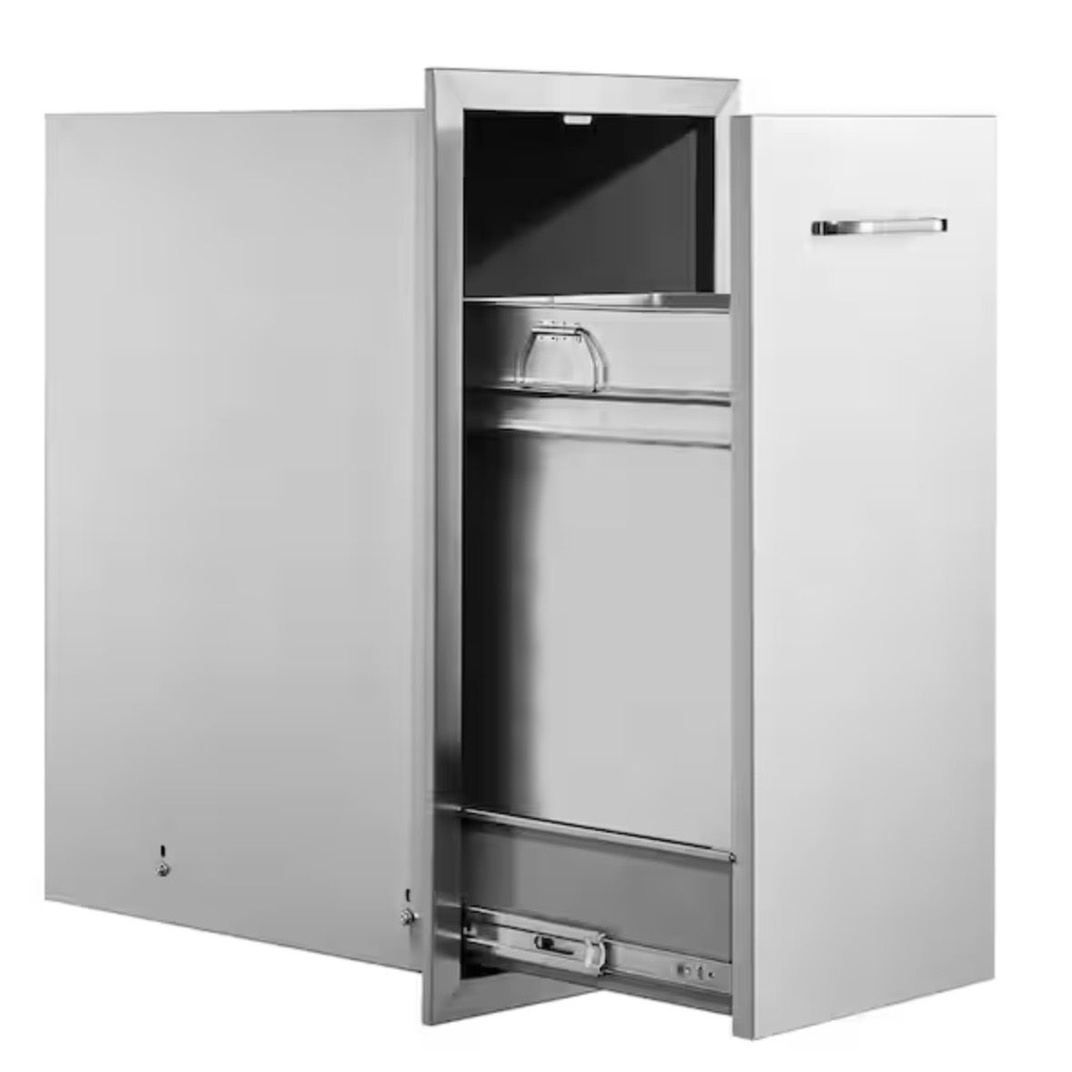 SKYSHALO 13.6 in.W x 26 in.H x 19.3 in. D. Silver Lower Sliding Rails Stainless Steel Roll Out Trash Bin Access Drawer