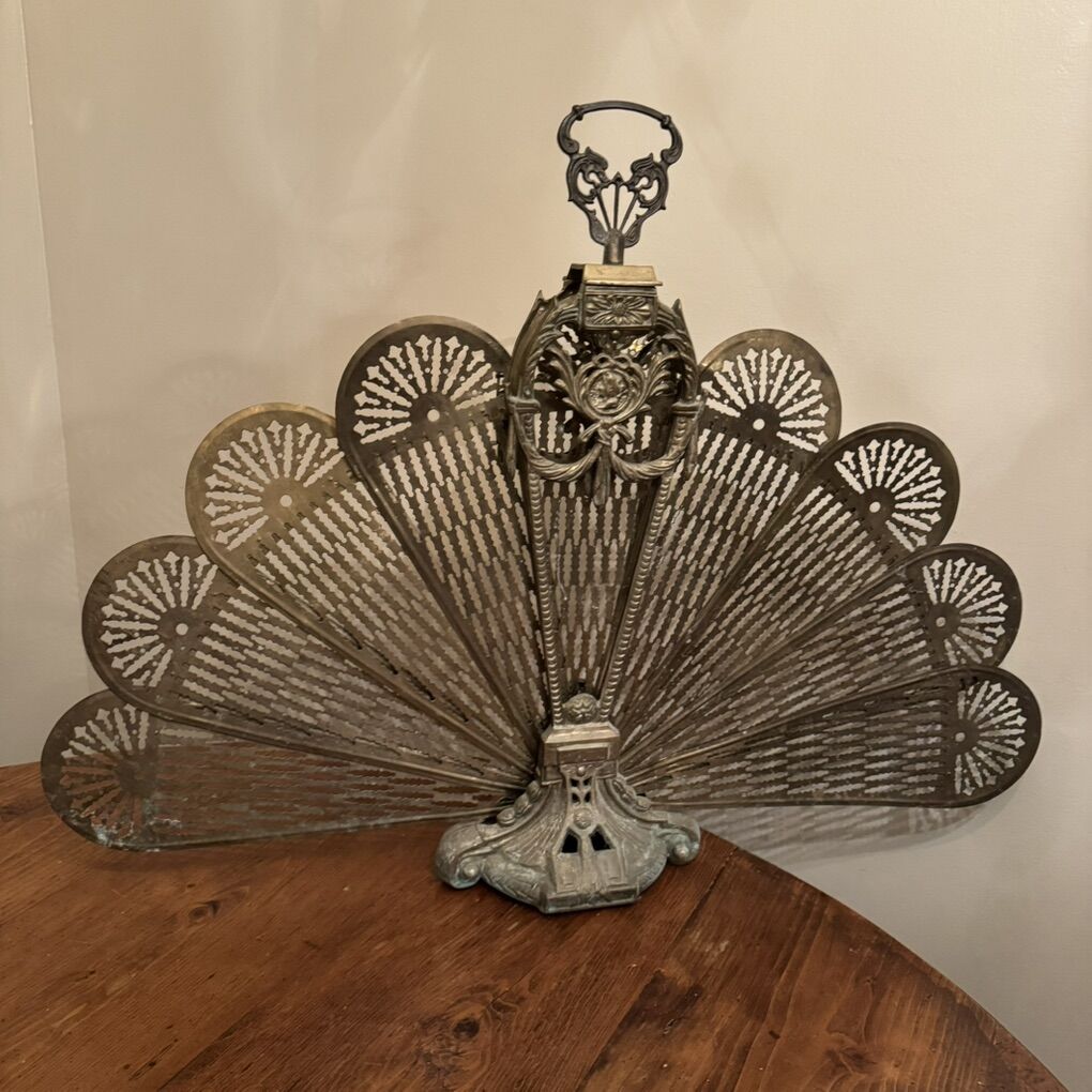 Vintage Metal Brass Peacock Fireplace Screen