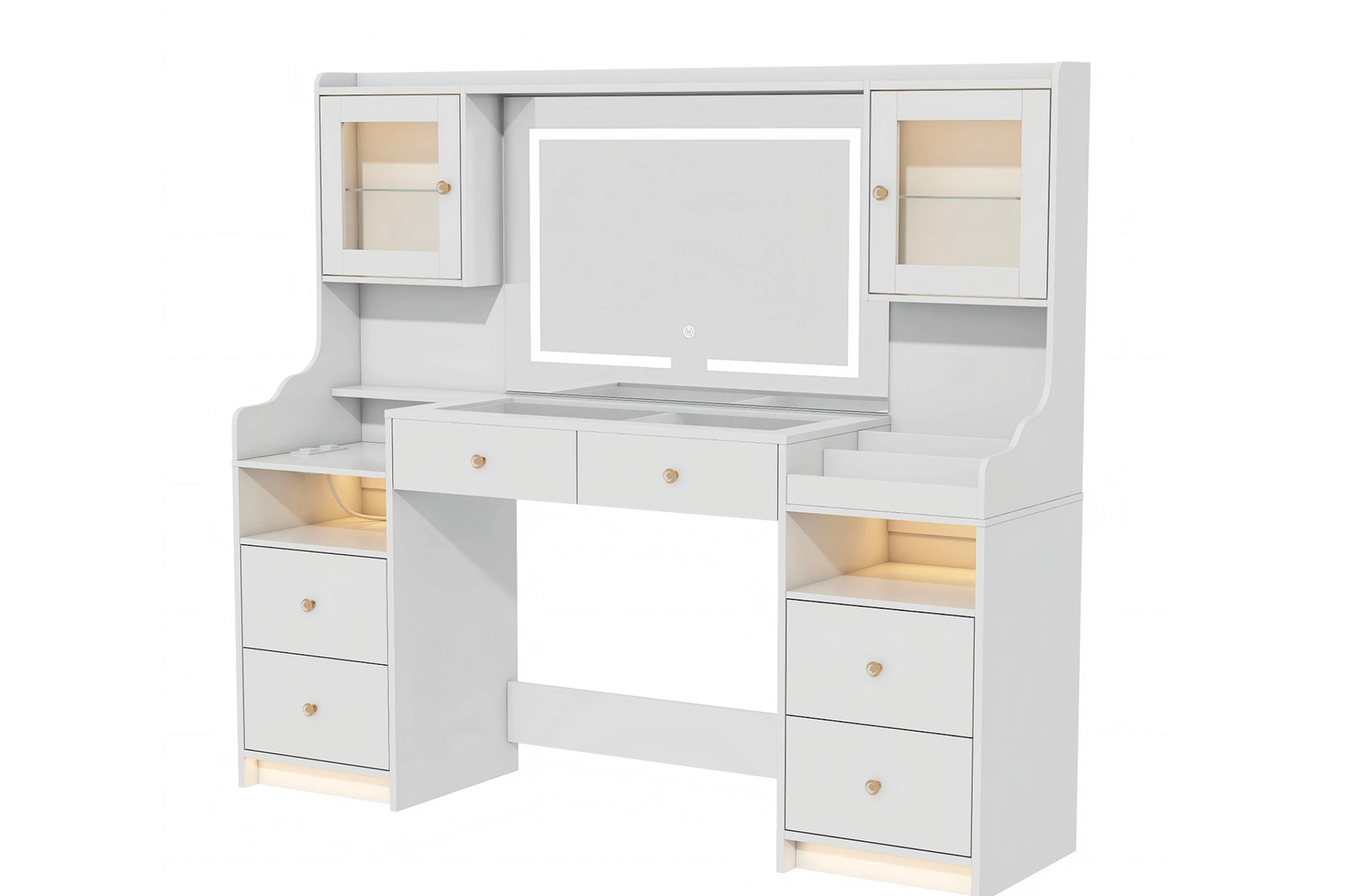 New in Box 62" Glass Top Vanity with LED, Power, 4 Drawers & 2 Cabinets, White