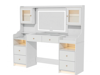 New in Box 62" Glass Top Vanity with LED, Power, 4 Drawers & 2 Cabinets, White