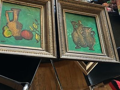 2 Vintage MCM Oil On Board Still Life Painting