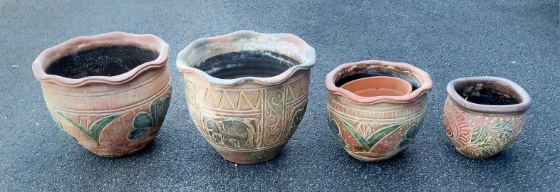 Set of 4 Terracotta Clay Pots with Hand-Carved Elephant & Floral Designs - Rustic Garden Planters