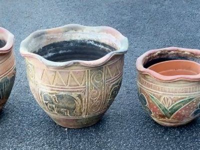 Set of 4 Terracotta Clay Pots with Hand-Carved Elephant & Floral Designs - Rustic Garden Planters