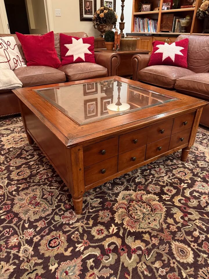Solid Wood Coffee Table with Glass Top & Storage Drawers