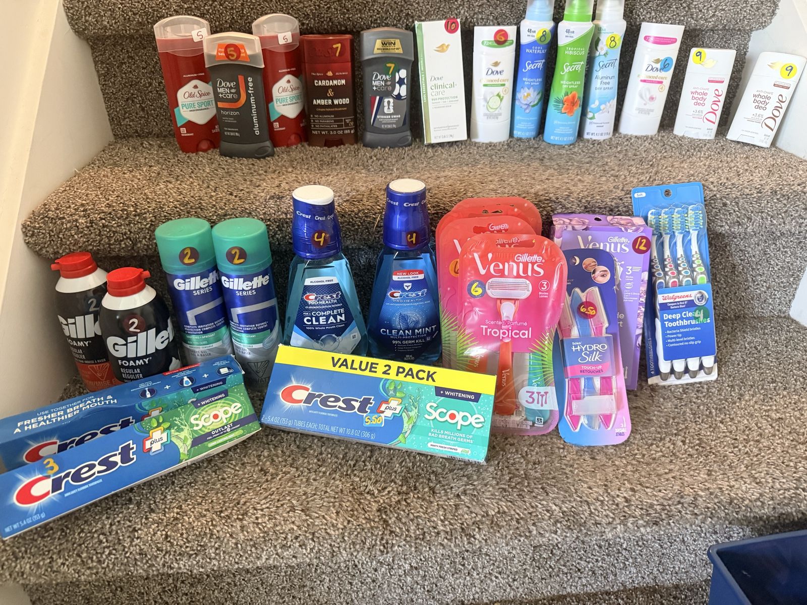 Personal Care Lot: Gillette Razors, Dove Deodorant, Crest Toothpaste, Shave Cream, Mouthwash, Toothbrushes