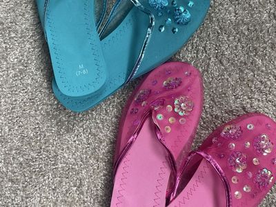 Pink and blue slippers.