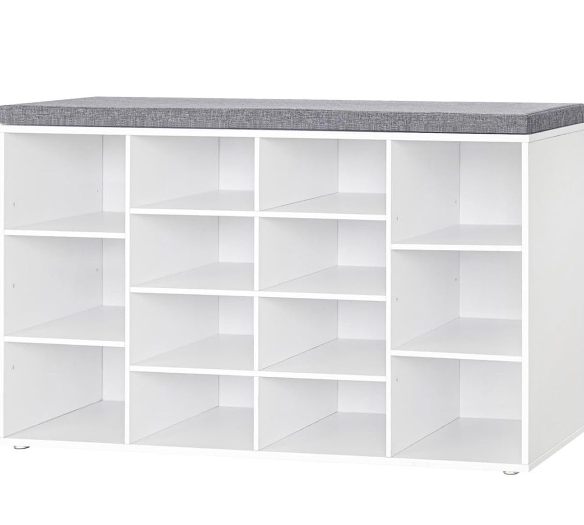 White 14-Cubby Shoe Storage Bench with Gray Padded Seat - NEW