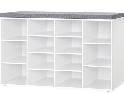 White 14-Cubby Shoe Storage Bench with Gray Padded Seat - NEW