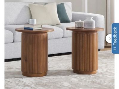 Modern Round Wooden Fluted Side Tables - Set of 2