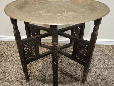 VINTAGE HAMMERED BRASS & WOOD MOROCCAN FOLDING SIDE TABLE GATELEG INTRICATE QUALITY!