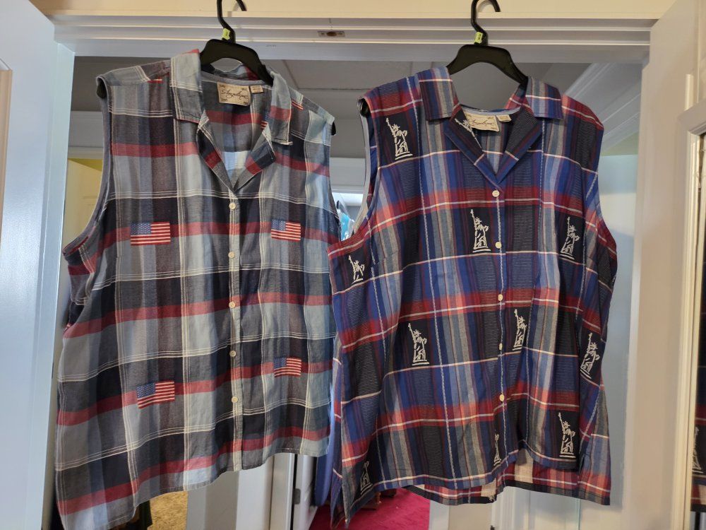Women's 3xl.  American Flag & Statue of Liberty Plaid Cotton Sleeveless Blouses (2-Pack) - Patriotic & Stylish.