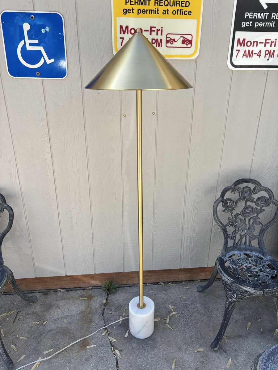 63" tall brushed brass & marble base floor Lamp with brass shade