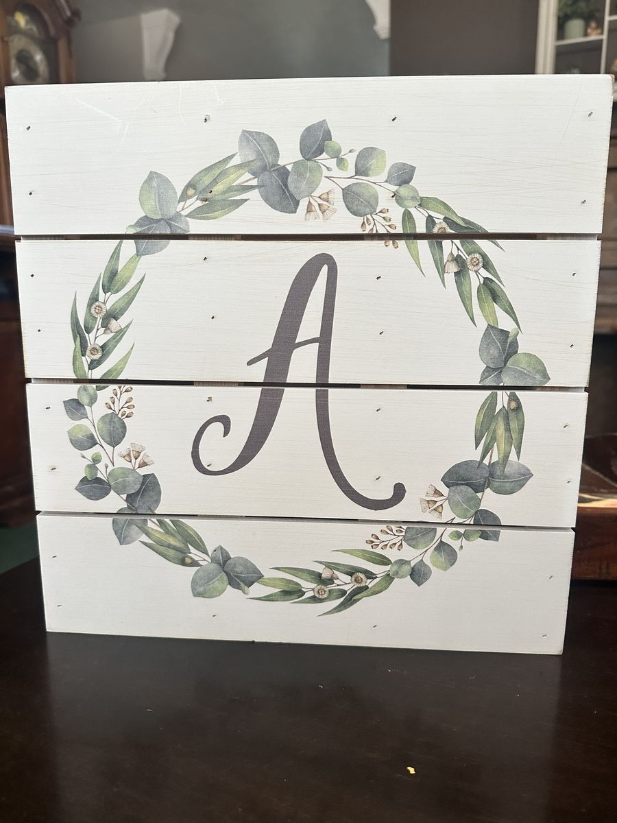 Decorative Wooden Wall Sign Initial A with Eucalyptus Wreath