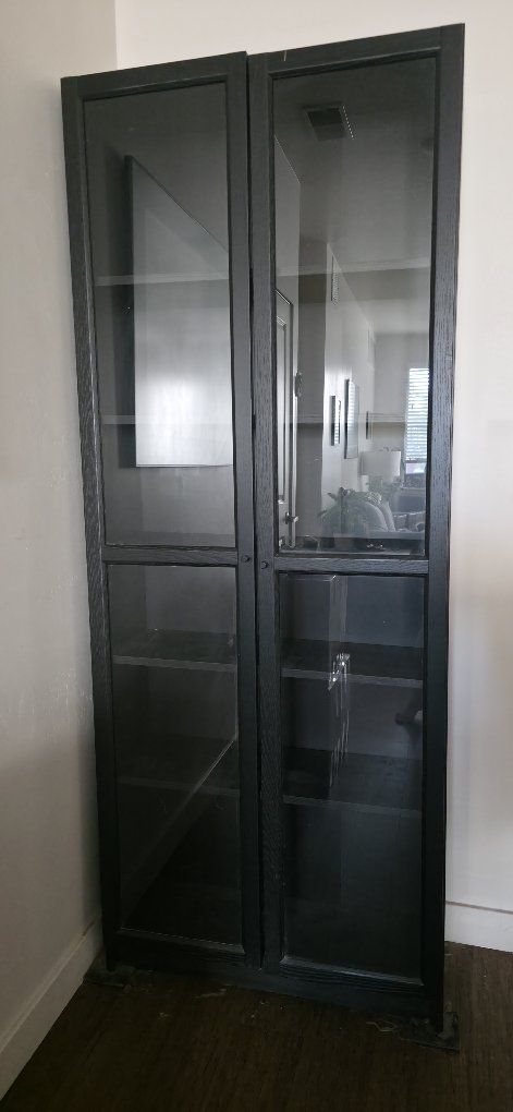 Black Tall Glass Door Display Cabinet Bookshelf