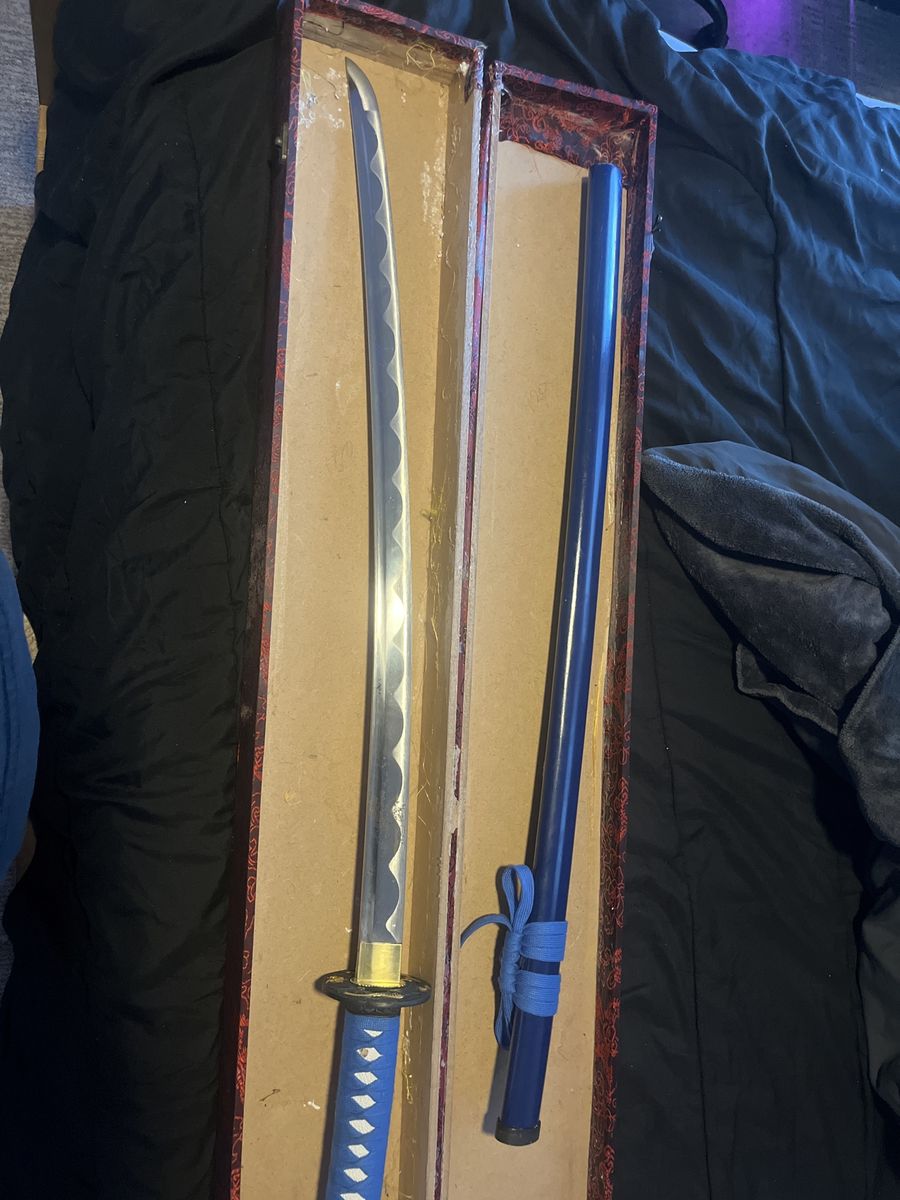 Decorative Blue Katana Sword in Ornate Red Display Box - Collectible Home Decor