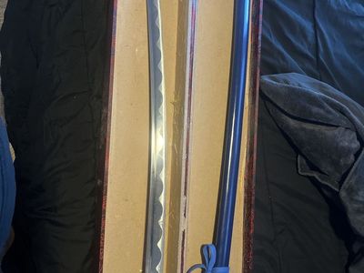 Decorative Blue Katana Sword in Ornate Red Display Box - Collectible Home Decor