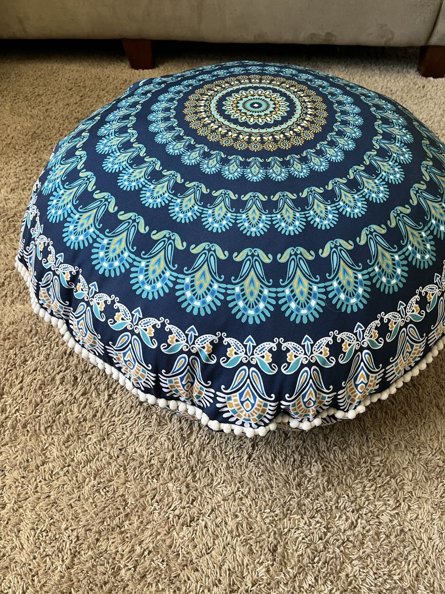 Round Mandala Floor Cushion Pillow  with Cover - Navy Blue & Teal Pom Pom Trim