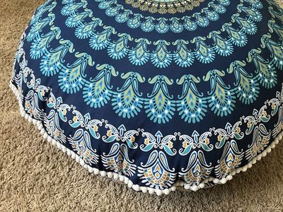 Round Mandala Floor Cushion Pillow with Cover - Navy Blue & Teal Pom Pom Trim