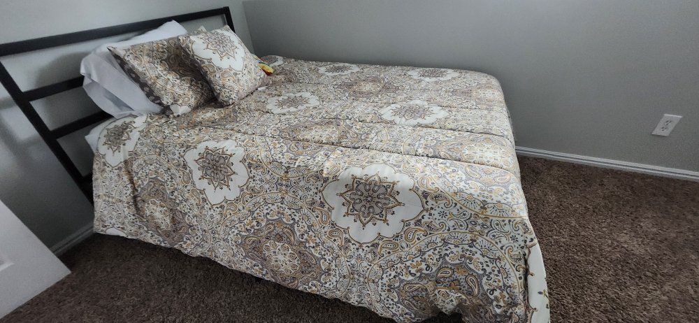 Full size bed frame, mattress, and bedding