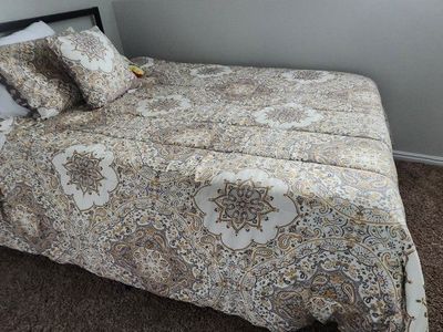 Full size bed frame, mattress, and bedding