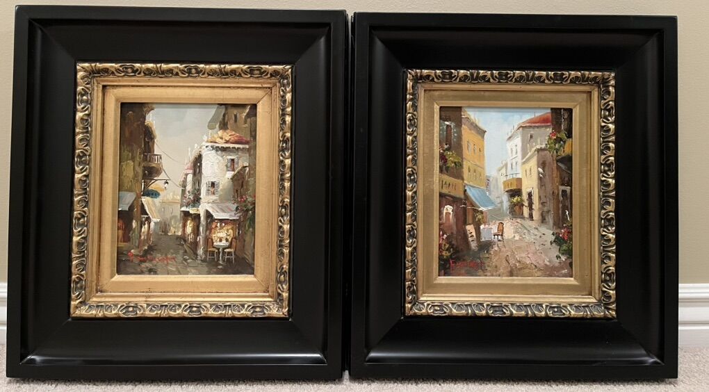 Pair Of Modern Paintings Black And Gold Frame