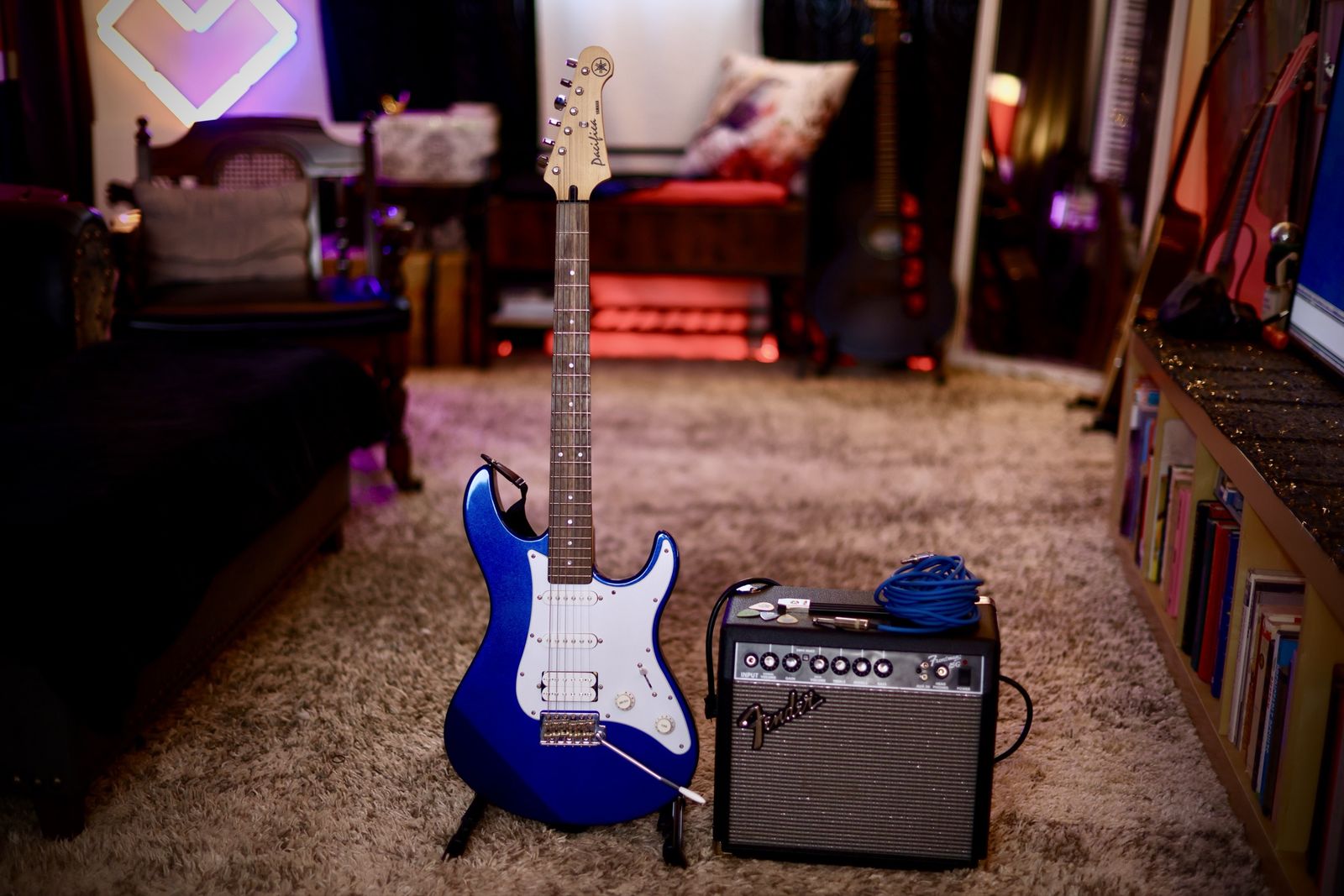Beautiful Metallic Blue Yamaha Electric Guitar & Fender Amp + Cable, Strap, Stand, and Pics!