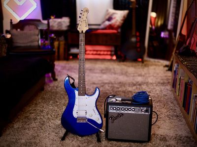 Beautiful Metallic Blue Yamaha Electric Guitar & Fender Amp + Cable, Strap, Stand, and Pics!