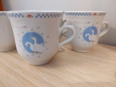 Vintage 80s or 90s Moonlight Stonewear Heart Spun pattern Duck / Goose Coffee Tea Mugs Set of 6