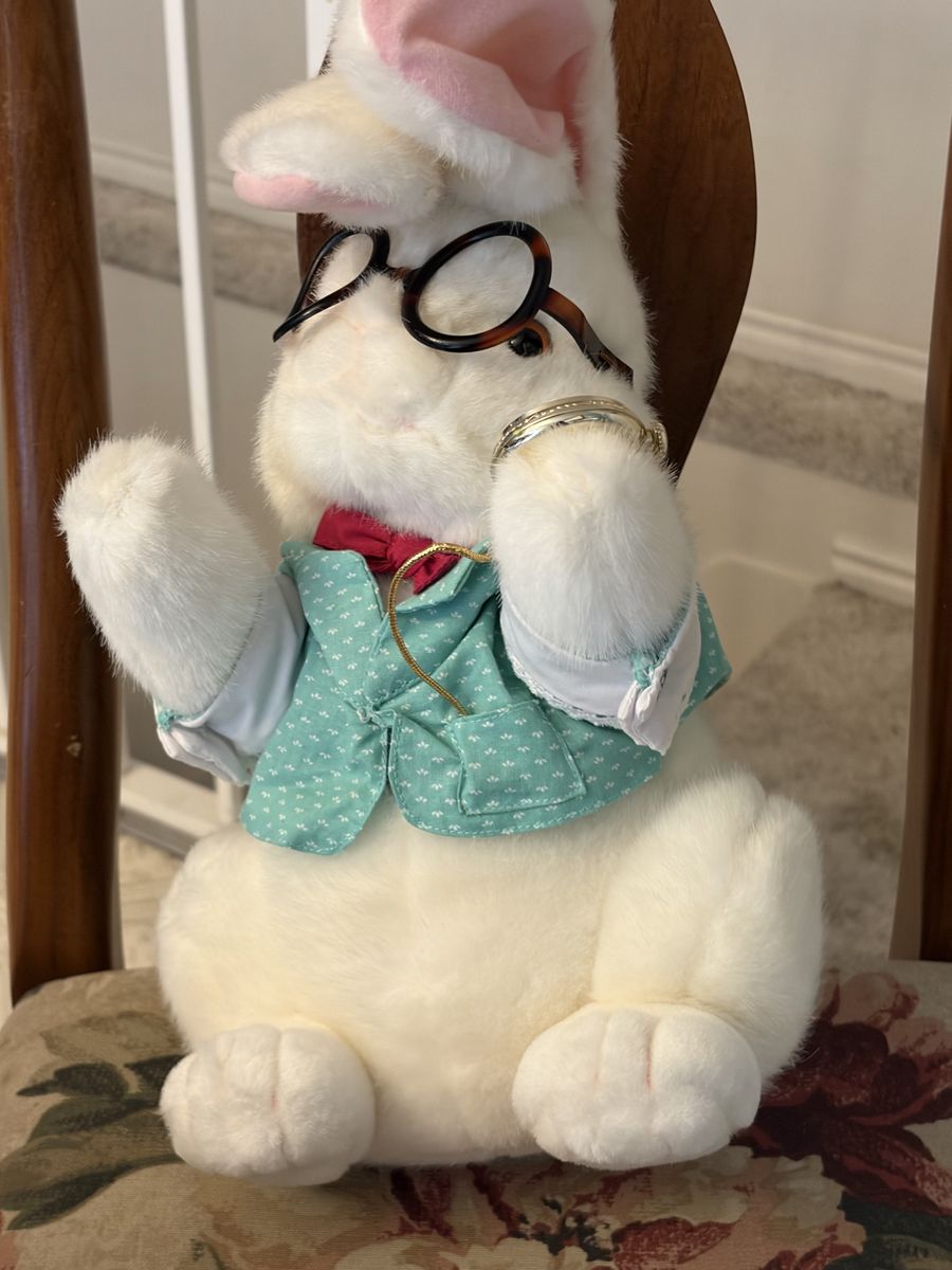 Vintage White Rabbit Plush Doll with Glasses, Vest, Bowtie, and Gold Chain Accent
