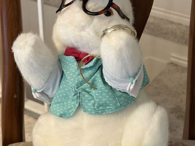 Vintage White Rabbit Plush Doll with Glasses, Vest, Bowtie, and Gold Chain Accent