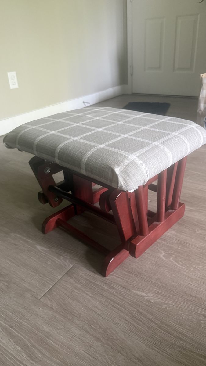 Wooden Glider Ottoman with Gray Plaid Cushion