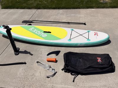 TW0 KXONE Inflatable Stand-Up Paddleboard (SUP) Set - White/Aqua/Yellow, Includes Pump & Paddle