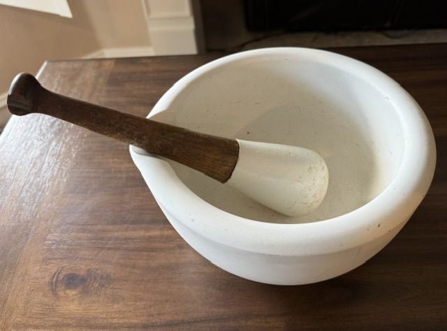 Large 10" Antique Apothecary Mortar and Pestle Matte Porcelain Stone and Wood