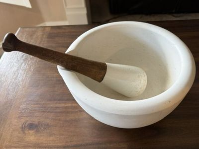 Large 10" Antique Apothecary Mortar and Pestle Matte Porcelain Stone and Wood